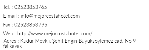 Mejor Costa Hotel telefon numaralar, faks, e-mail, posta adresi ve iletiim bilgileri